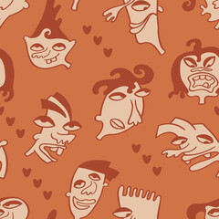 Seamless background with funny faces of anthropomorphic creatures. Humorous characters with different emotion