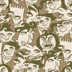 Seamless background with funny faces of anthropomorphic creatures. Humorous characters with different emotion