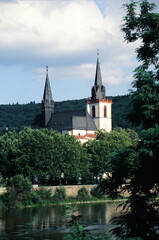 View of St. Martin basilica and castle along the Rhine river in Bingen, Rhineland-Palatinate, Germany during 2000s
