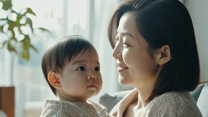 Young mother holds her baby close, gazing at him with deep love and affection. The moment captures the warmth and tenderness of their bond, showcasing the joy of motherhood