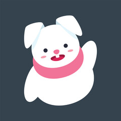 Greeting gesture white rabbit  wearing pink scarf in flat vector design.