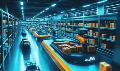 Obraz premium AI Robots in Modern Warehouse Sorting Packages