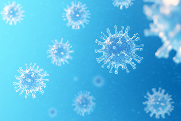 Covid, respiratory virus molecules, on a blue background, in the air. Banner template 3d seasonal flu, rotavirus, pandemic and epidemic formation, advertising and news