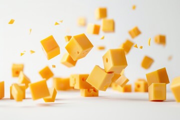 Falling Cheese Cube Isolated on a White Background for Culinary Promotion and Food-Related Projects