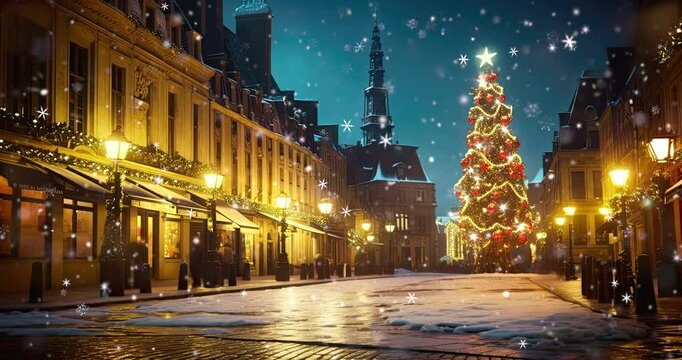 Empty street of old historical european town and shining Christmas lights. Winter seasonal 4K loop animation for advertisement.