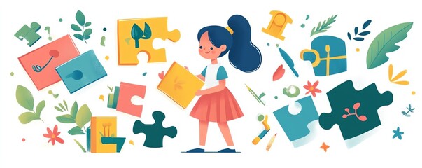 Backtoschool girl, puzzlesolving, participating in different activities, springtime vibes, flat design illustration