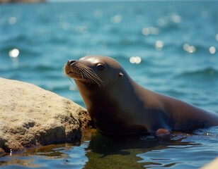 Sea Lion on Rock by Ocean Water .