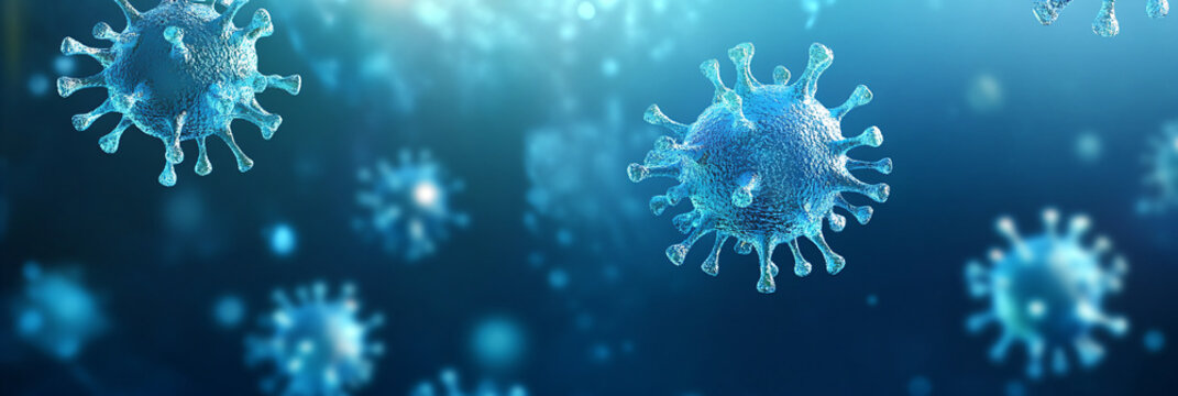 Covid, respiratory virus molecules, on a blue background, in the air. Banner template 3d seasonal flu, rotavirus, pandemic and epidemic formation, advertising and news