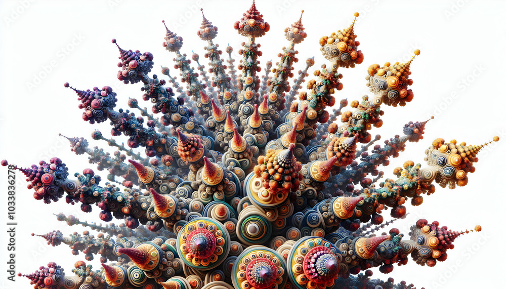 Poster 3d fractal market ecosystem: evolving pattern representing market sectors and stocks with color-code