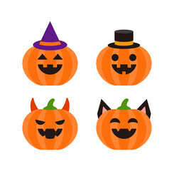 A set of pumpkin ghost character illustrations with a Halloween day concept for the fall season. The pumpkins are wearing witch hats, fedoras, horns, and cat cosplay with various expressions.