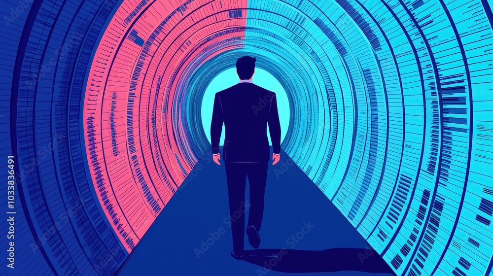 Poster a silhouetted figure walks through a colorful tunnel filled with binary data, technology and digital