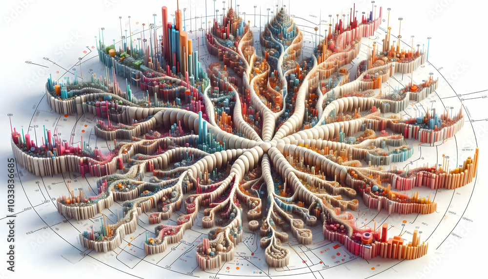 Poster 3d fractal market ecosystem: close-up of evolving branching pattern representing market sectors and 