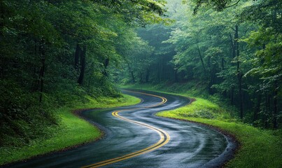 Fototapeta premium Serene Forest Road Curves Through Lush Green Woods