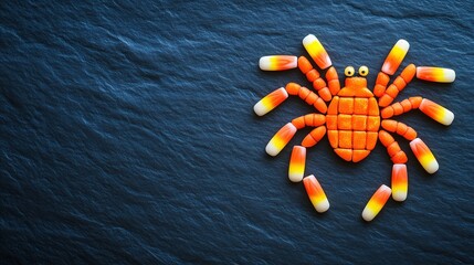 A fun and creative Halloween design featuring a spider made entirely of candy corn and orange sweets on a dark slate background. The vivid contrast makes the candy creation stand out perfectly  