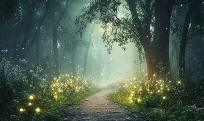 Fototapeta premium Enchanted Forest Pathway with Glowing Lights