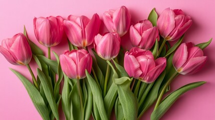 Naklejka premium Pink tulips arranged beautifully on a pink background.