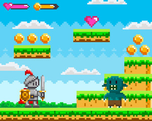 Fototapeta premium Knight facing a monster in a pixelated landscape with platforms, coins, and a heart icon. Ideal for video games, fantasies, adventures, digital art, retro aesthetics, and pixel art fans. Vibrant