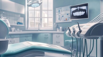 The dental office showcases a clean, modern design with a comfortable chair, bright lighting, and essential tools for patient care, creating an inviting environment for dental visits.