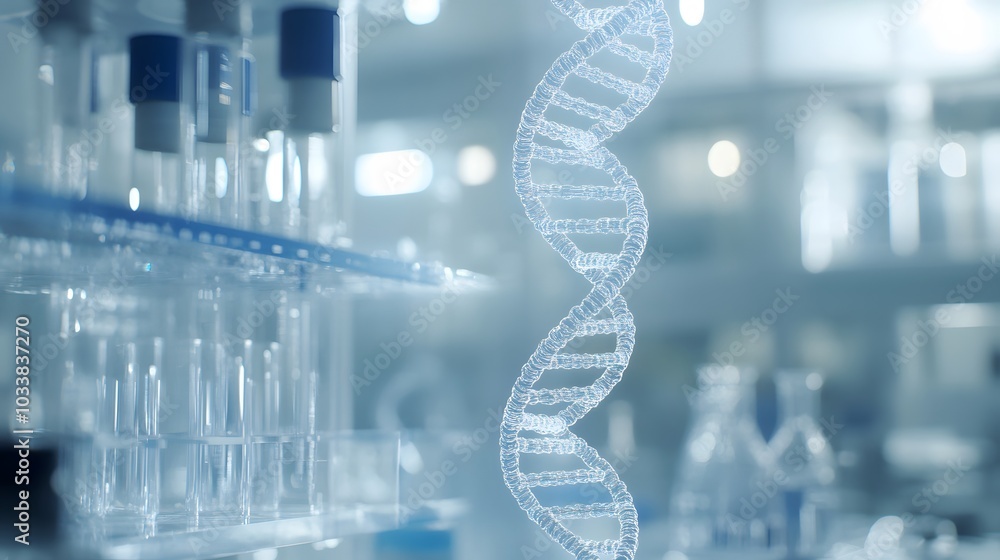 Poster a 3d rendered dna helix in a laboratory setting