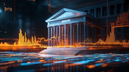 Obraz premium Digital representation of a bank with graph illustrations and glowing effects.