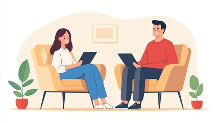A cozy illustration of a man and woman sitting in armchairs