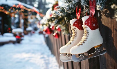Festive Ice Skates Hanging in Winter Wonderland