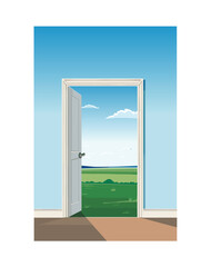 Open door with a sunny summer outside. Opportunity for future success. Happy ending or opportunity beyond the door. Vector