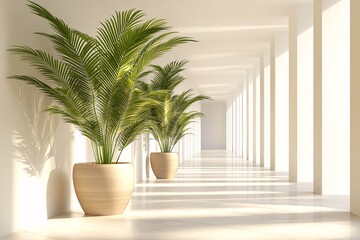 Obraz premium Minimalist Interior Design: White Hallway with Tropical Plants
