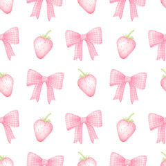 Pink bows and strawberries. Watercolor seamless pattern on white background in pastel colors for textiles and wrapping paper. Cute children's illustration