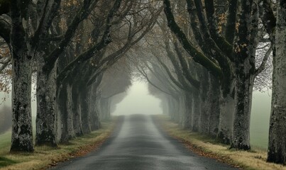 Obraz premium Foggy Tree-Lined Road with Mystical Atmosphere