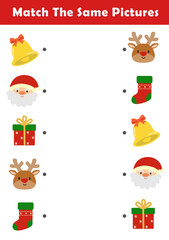 Christmas activity sheet. Find same picture worksheet for kids. Worksheet for kids kindergarten, preschool and school age. Education game for children with cute christmas illustration.