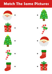 Christmas activity sheet. Find same picture worksheet for kids. Worksheet for kids kindergarten, preschool and school age. Education game for children with cute christmas illustration.