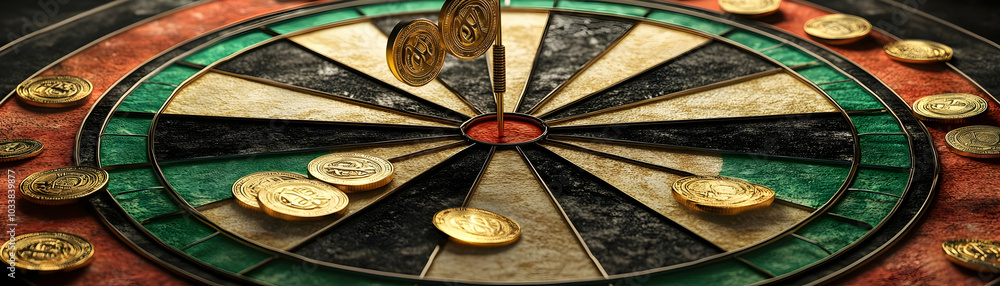 Poster vector illustration of a dartboard embedded with golden coins as dart points, featuring realistic te