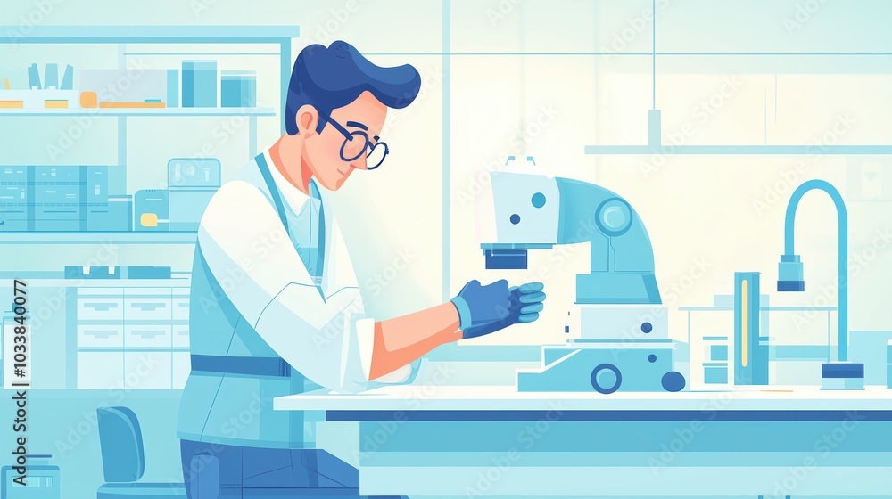 Poster a scientist examines samples under a microscope in a modern laboratory setting.