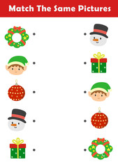 Christmas activity sheet. Find same picture worksheet for kids. Worksheet for kids kindergarten, preschool and school age. Education game for children with cute christmas illustration.