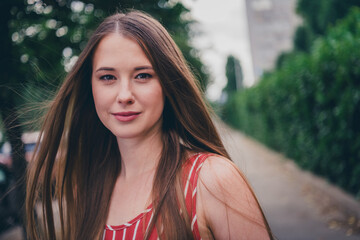 Portrait of adorable lovely girl wear trendy clothes walk city summer weekend trip outdoors