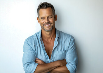 A happy, attractive man in his late thirties with short hair and stubble, wearing an unbuttoned light blue shirt.