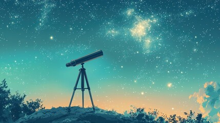 A serene night sky filled with stars, featuring a telescope on a hill