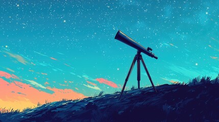 A silhouette of a telescope against a starry night sky
