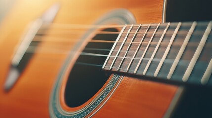 Fototapeta premium Close-up of acoustic guitar strings and wooden body in warm light