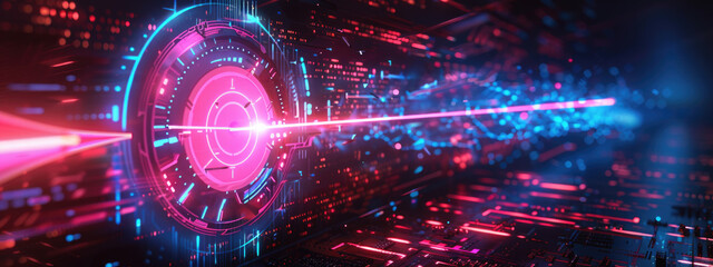 Fototapeta premium Glowing target, arrow shooting towards the center, hitting targets, achieving goals, concept of futuristic innovation, digital technology background