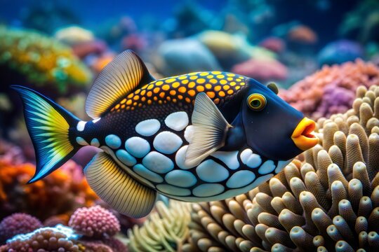 Colorful triggerfish swimming in vibrant coral reef