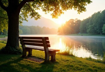 Fototapeta premium Sunset Bench by the Lake .