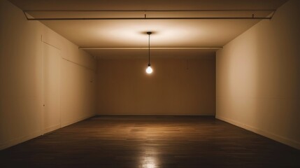 Dark empty room with single flickering light bulb casting long shadows, emphasizing absence of power and eerie atmosphere, minimalist setting with focus on light bulb's glow.