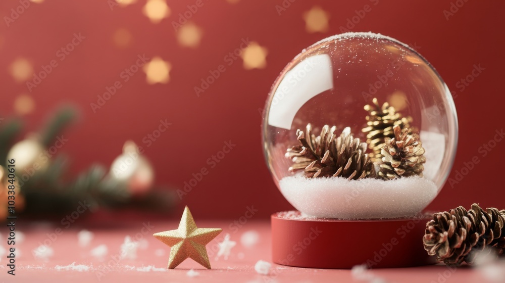 Poster a beautifully crafted snow globe showcases pinecones surrounded by soft snow. the backdrop features 