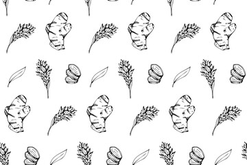 Seamless pattern background with a sketch of ginger roots and blossom. Heallhy food doodle elements