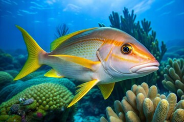 Naklejka premium Yellowtail snapper swimming through colorful coral reef
