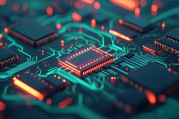 Fototapeta premium Close-up of glowing circuit board with electronic components