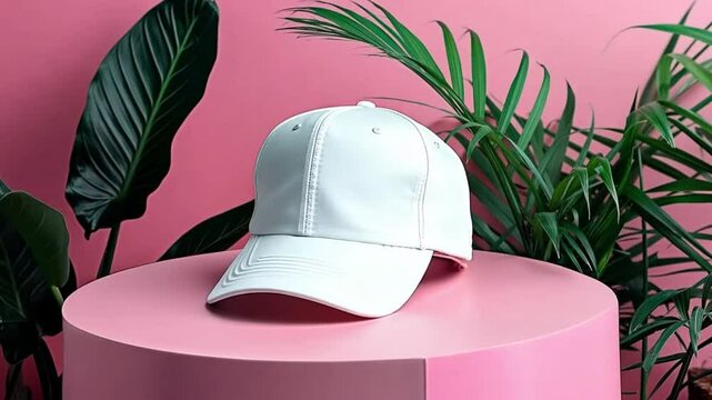 360&deg; of a blank unbranded white cap on pink pedestal with tropical leaves. Casual sporty cap for motion mockup.