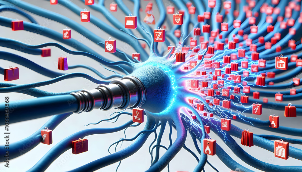 Poster 3d neural synapse flash sale concept: close-up of a neuron firing with impulse transforming into pro